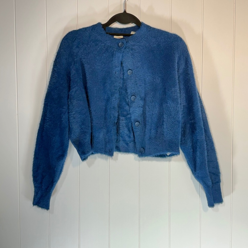 Levis Womens Blue Fuzzy Eyelash Knit Cropped Cardigan Sweater Size M